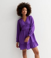 New Look Purple V Neck Long Sleeve Frill Mini Dress